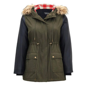 Torrid Plus Size 0 Olive Army Green Twill &‎ Faux Leather Hooded Parka Coat New